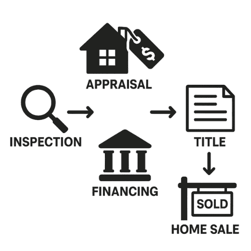 Flowchart showing the sequence of common contingencies in a Georgia real estate contract, including inspection, appraisal, financing, title, and home sale.