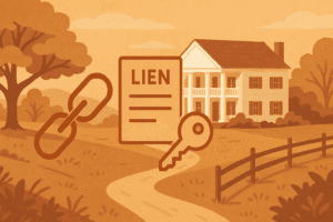 Illustration of common title issues in Georgia real estate, showing a serene landscape with a Southern home and icons for title chain, liens, and clear title.
