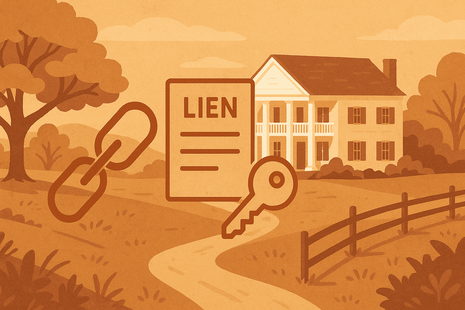 Illustration of common title issues in Georgia real estate, showing a serene landscape with a Southern home and icons for title chain, liens, and clear title.