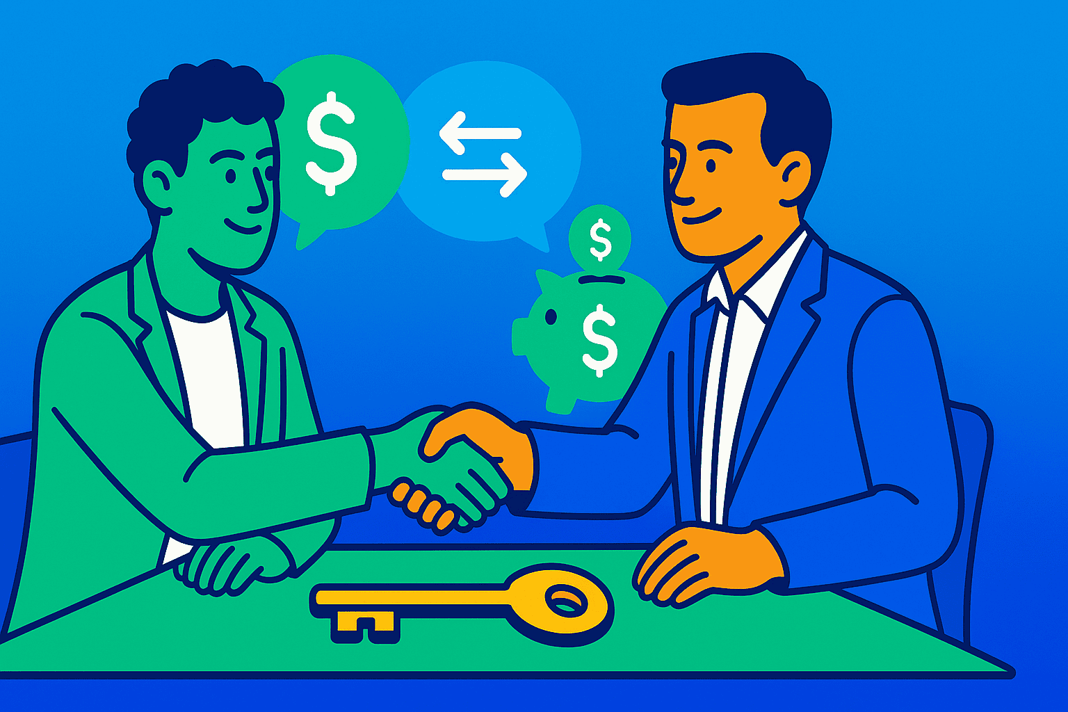 Confident buyer and seller shaking hands during home purchase negotiation, with money savings icon bubbles – home purchase negotiation tips.