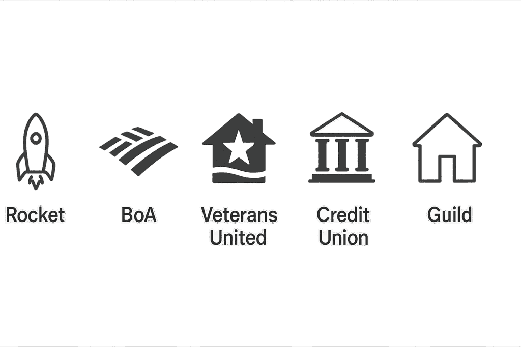 Top picks for best mortgage lenders including Rocket Mortgage and Veterans United.