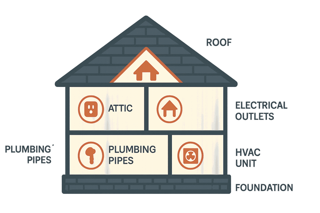 Home inspection tips illustration showing key house systems like HVAC and plumbing for finding the right home inspector.