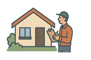 Home inspection tips: Illustration of a home inspector examining a house exterior with clipboard for finding the right home inspector.