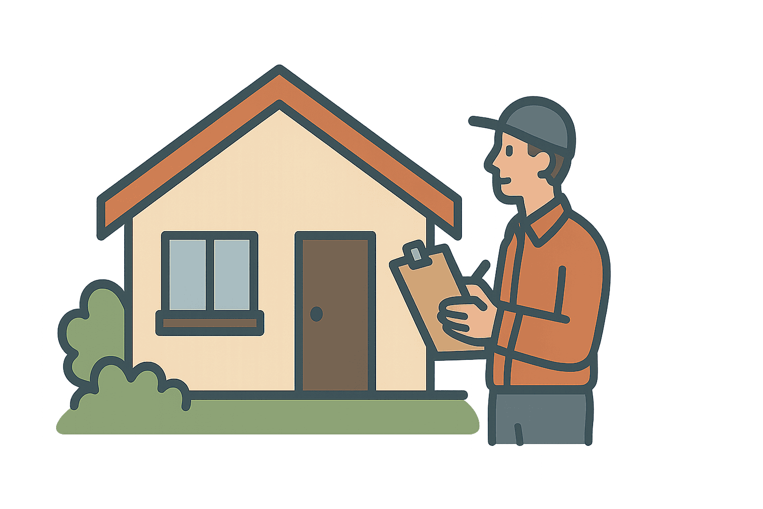 Home inspection tips: Illustration of a home inspector examining a house exterior with clipboard for finding the right home inspector.