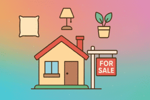 Featured image for home staging tips, showing a house and decor to sell your home faster.