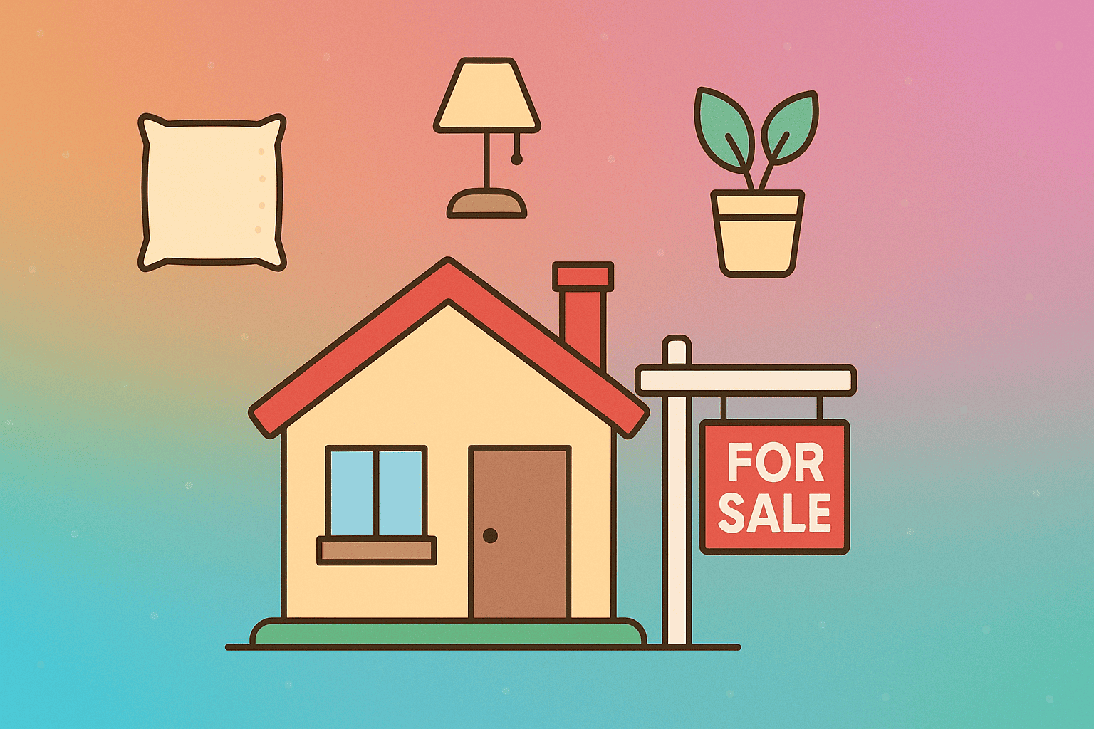 Featured image for home staging tips, showing a house and decor to sell your home faster.