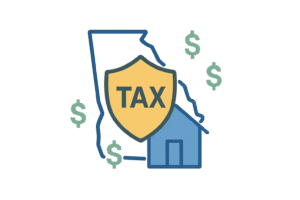 Featured illustration of a Georgia home with a tax shield and dollar signs, representing strategies to avoid capital gains taxes on your Georgia home sale.