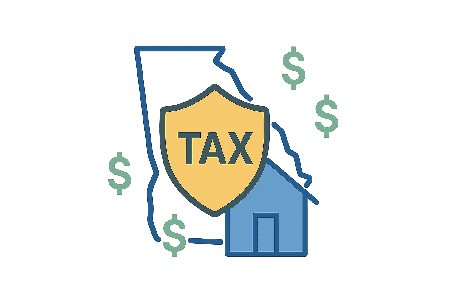 Featured illustration of a Georgia home with a tax shield and dollar signs, representing strategies to avoid capital gains taxes on your Georgia home sale.