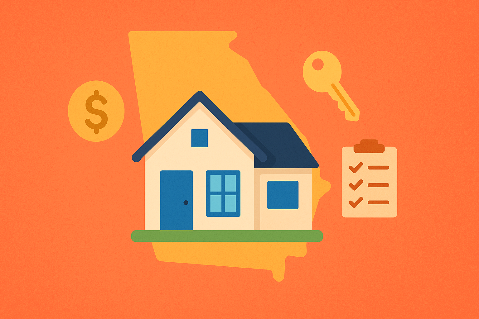 Featured illustration of a house with a Georgia state outline, dollar sign, key, and checklist for a Georgia first-time homebuyer guide, set against a transparent background.