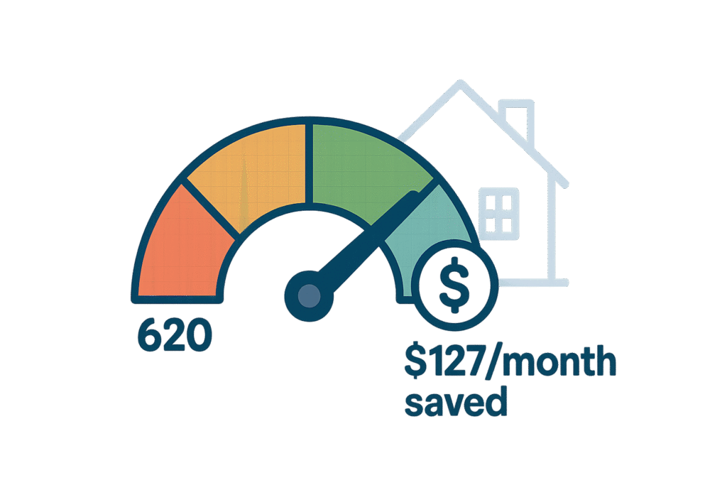 Illustration of a credit score gauge moving from 620 to 740, showing $127 monthly savings for a Georgia first-time homebuyer guide, with a house icon and transparent background.