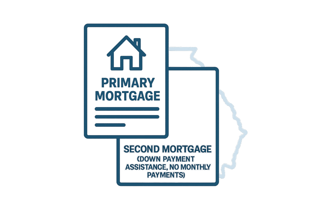Illustration of Georgia Dream Homeownership Program with two loan documents and a house icon for a Georgia first-time homebuyer guide, set against a transparent background.