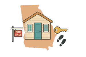 Illustrative featured image of a Georgia house with for-sale sign and selling process icons for guide on selling your Georgia home.