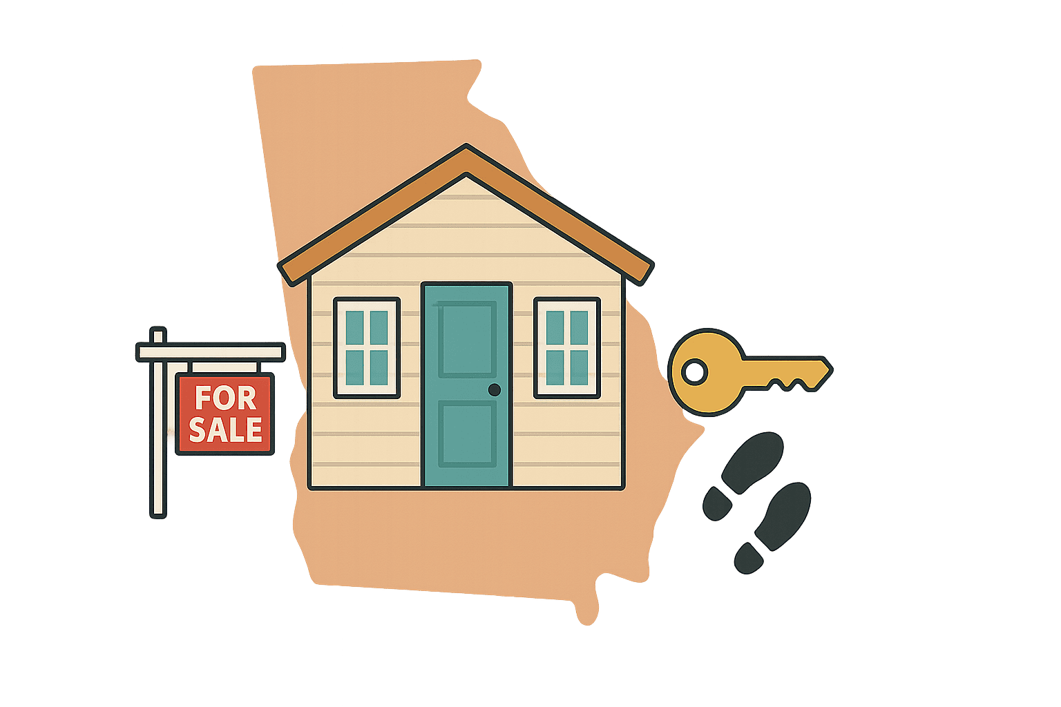 Illustrative featured image of a Georgia house with for-sale sign and selling process icons for guide on selling your Georgia home.