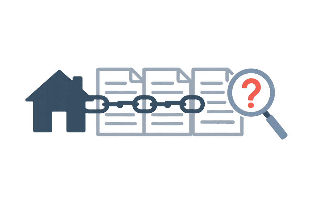Illustration of a chain of documents with a house icon, representing the chain of ownership in Georgia title insurance, with a magnifying glass highlighting potential title issues.