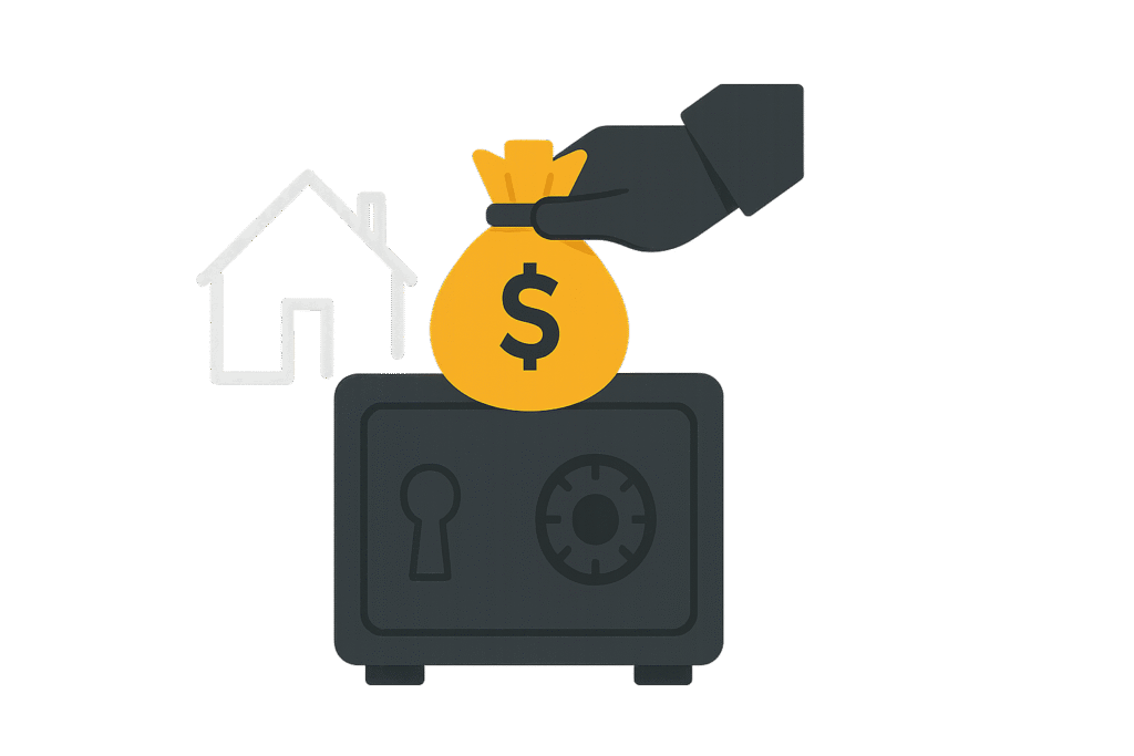 Illustration of a money bag in a locked safe with a house icon, representing earnest money in escrow for the Georgia closing day process.
