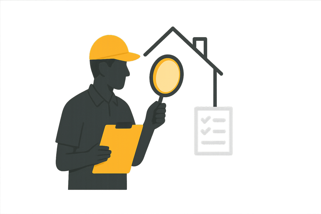 Flat illustration of a home inspector with a clipboard and magnifying glass checking a house, highlighting the home inspection step in the Georgia closing day process.