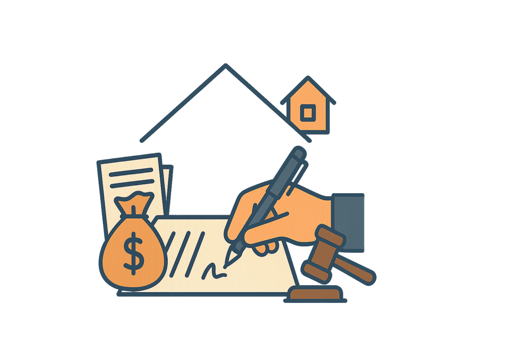 Illustration of a hand signing legal documents with a gavel and house icon, representing the signing step in the Georgia closing day process.