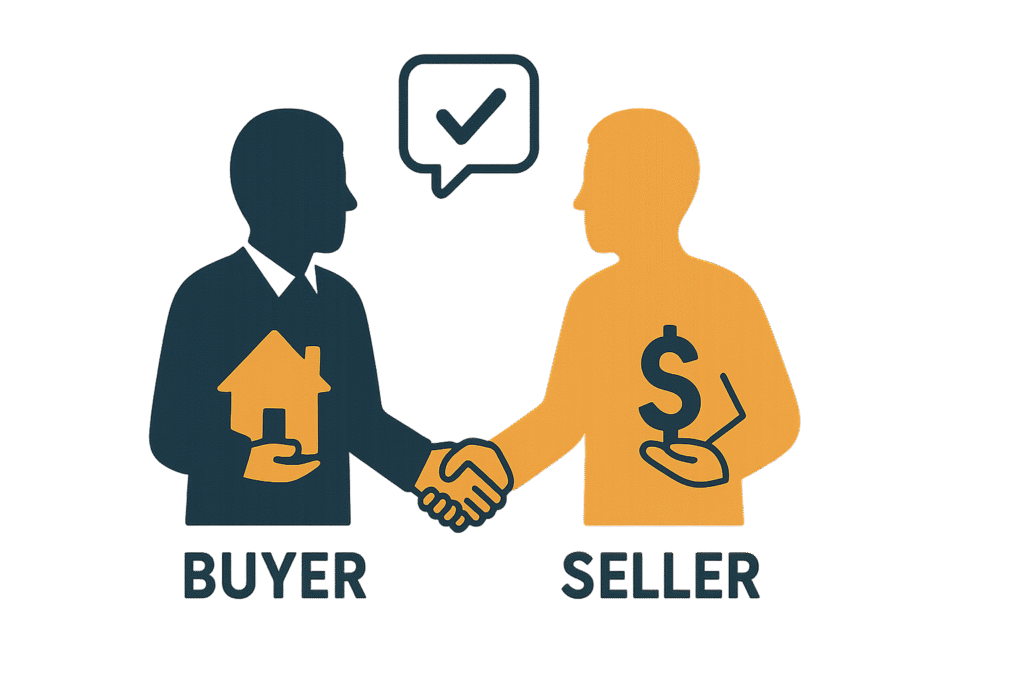 Illustration of a buyer and seller shaking hands, with a house icon, dollar sign, and checkmark speech bubble, representing Georgia closing costs explained through negotiation strategies.