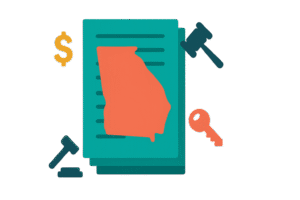 Colorful illustration of stacked legal documents with a Georgia state silhouette, featuring a dollar sign, gavel, and key in vibrant hues, representing Georgia closing costs for real estate transactions.