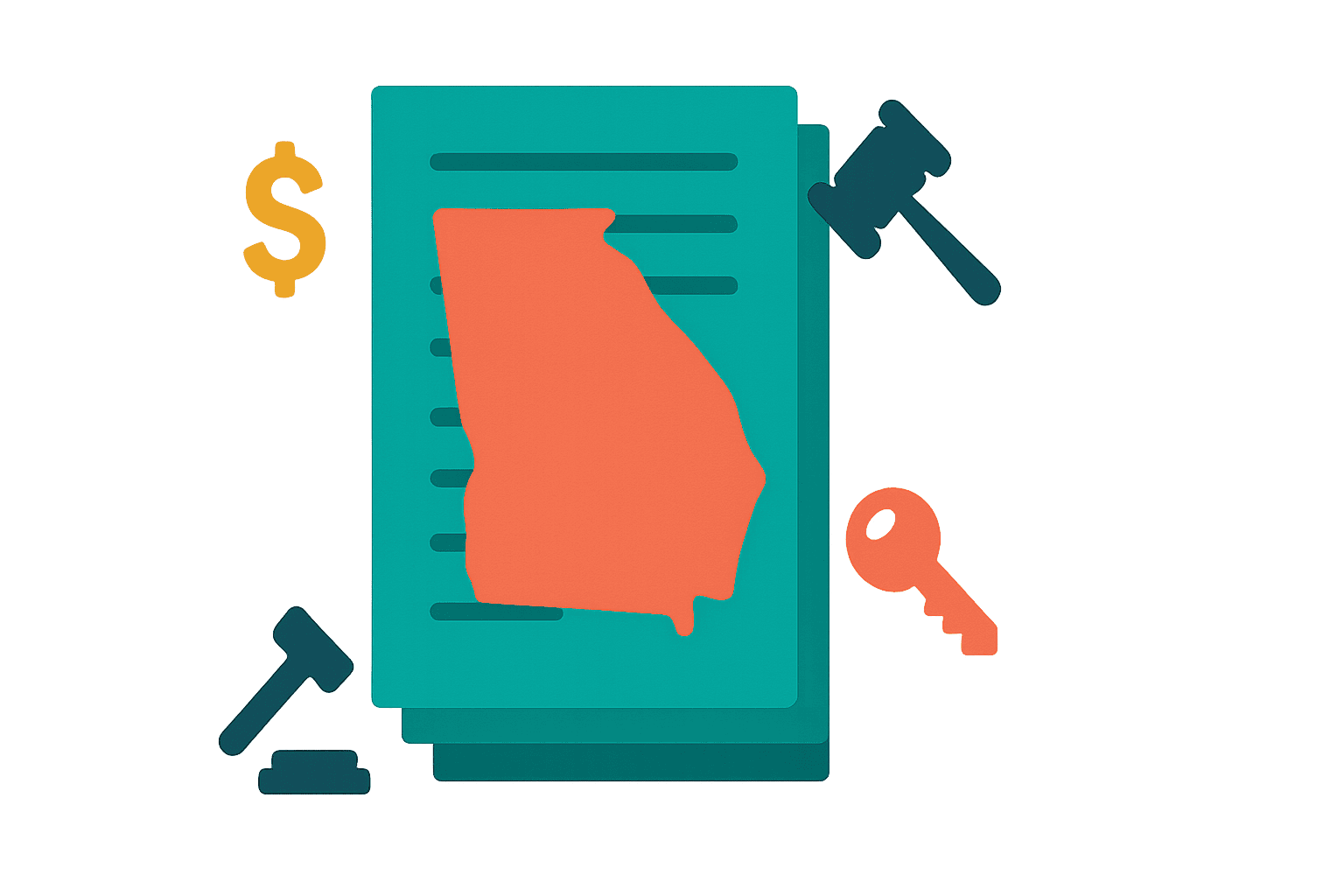 Colorful illustration of stacked legal documents with a Georgia state silhouette, featuring a dollar sign, gavel, and key in vibrant hues, representing Georgia closing costs for real estate transactions.