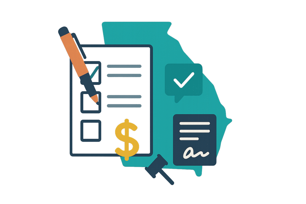 Simple illustration of a checklist with a pen, teal Georgia state silhouette, gold dollar sign, and navy signed contract, depicting Georgia closing costs explained for concluding real estate deals.