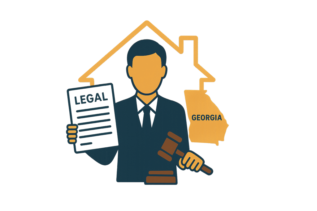 Illustration of a real estate attorney with a legal document, gavel, and house outline, featuring a Georgia state icon, highlighting Georgia closing costs explained through attorney-run processes.
