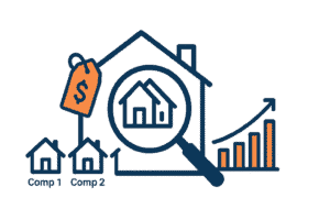 Modern house illustration with price tag and bar chart, symbolizing home pricing strategies and market analysis