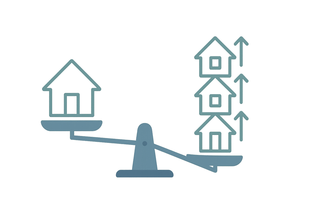 Illustration of Georgia Real Estate Inventory Trends 2025 showing balanced market scales with rising home supply icons for buyer opportunities.