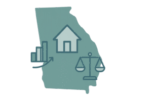 Illustrative featured image depicting Georgia Real Estate Inventory Trends 2025: A stylized Georgia state outline with a central house icon, rising inventory bars, and a balanced scale symbolizing market stabilization and buyer opportunities.