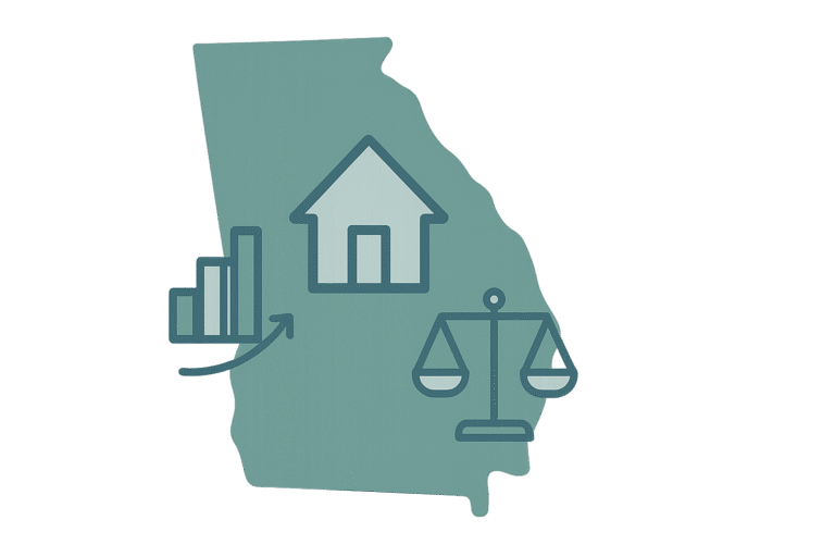 Illustrative featured image depicting Georgia Real Estate Inventory Trends 2025: A stylized Georgia state outline with a central house icon, rising inventory bars, and a balanced scale symbolizing market stabilization and buyer opportunities.