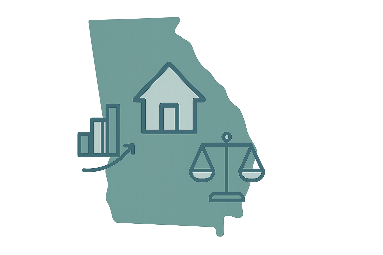 Illustrative featured image depicting Georgia Real Estate Inventory Trends 2025: A stylized Georgia state outline with a central house icon, rising inventory bars, and a balanced scale symbolizing market stabilization and buyer opportunities.